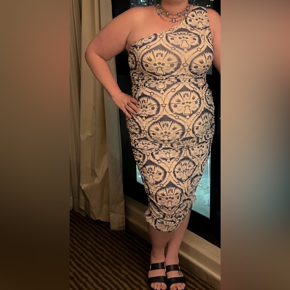 Floral Cream & Blue One Shoulder Super Stretch Bodycon Dress